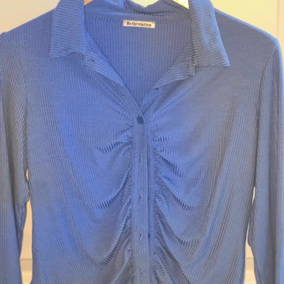 REFORMATION Elin Knit Top Dusk Blue Ribbed Long Sleeve Top Button Down Collar XL - Picture 6 of 8